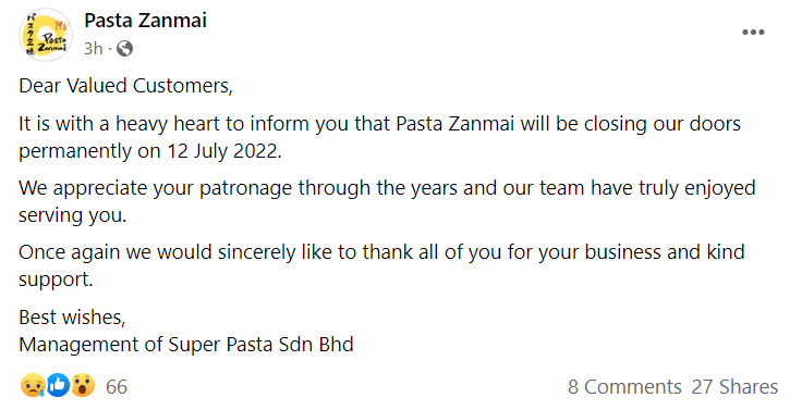 Pasta Zanmai shutting down its doors PERMANENTLY this July 12 | OnlyFoodKL